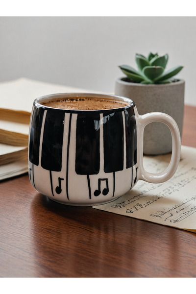 sihirli kutular Piyano Desenli El Yapımı Seramik Kupa, Seramik Kupa, Mug, Nes...