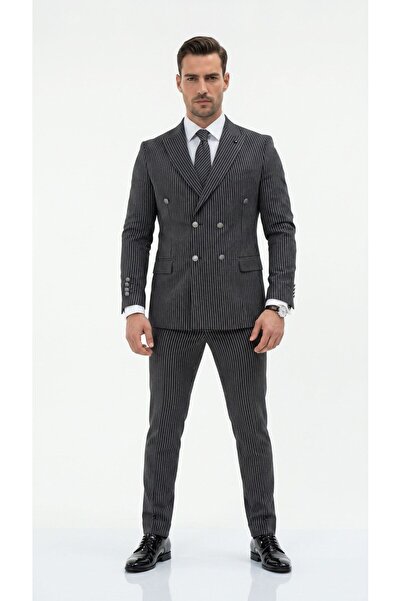 Plus Scorpion Italian Cut Double-Breasted Suit – Modern Slim Fit – Striped Fa...