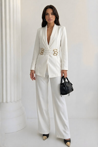 Potenza Γυναικείο Σετ Δύο Τεμαχίων: Μπλέιζερ με Χρυσή Ζώνη και Επένδυση, Φαρδ...