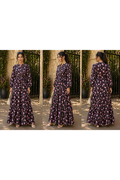 LINELLE Black Floral Print Tiered Casual Dress