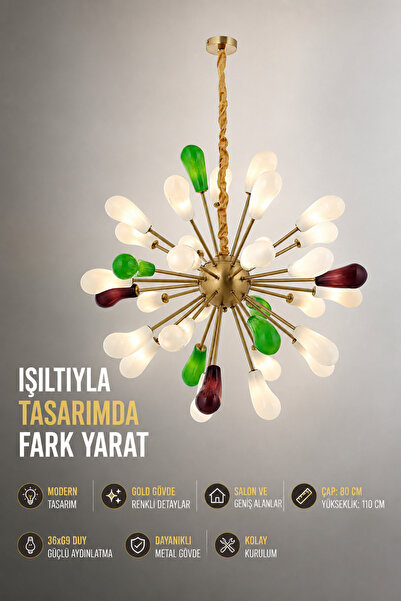 Elvora Home Modern (PREMİUM) 36’lı Başlıklı Avize Dekoratif Çok Kollu Sarkıt ...