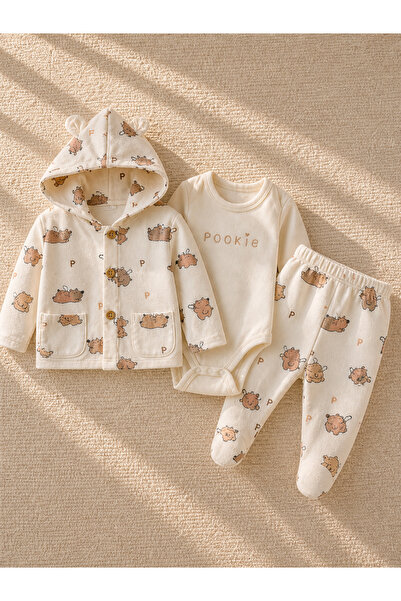 Pookie 100% Cotton 3 Piece Hooded Baby Set Bodysuit Leggings Teddy Bear Pattern