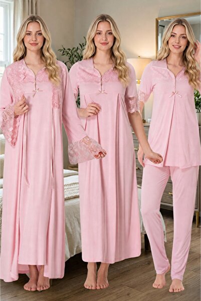 Lohusa Homewear Kadın Pembe Hamile Lohusa Yazlık Dantel Detaylı Tasarım Kısa ...