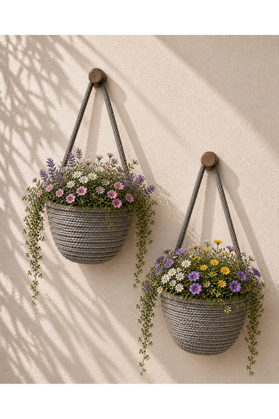 ÖRGÜM Sepet Mini Dekoratif 2'li Çiçeklik 12x10 Cm ( Bitkiler Ve Askılar Dahil...