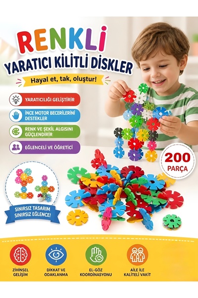 Hyd Oyuncak Yaratıcı Diskler 200 Parça Stem Eğitimi Uyumlu Kilitli Diskler Eğ...