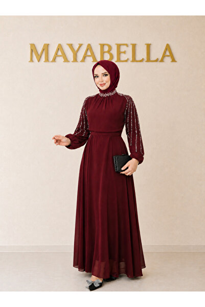MayaBella Kolları İşlemeli Tesettür Abiye Bordo