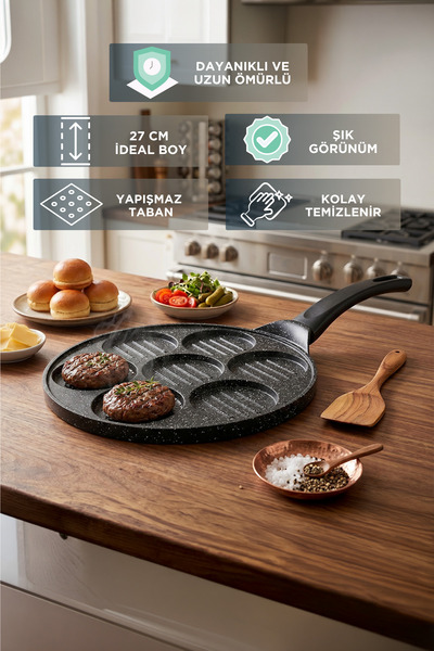 Evsane 27 cm Yanmaz Yapışmaz Döküm Hamburger Tavası