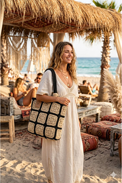 WOMANBAG El Yapımı Motif Tasarım Büyük Boy Hasır Çanta Plaj Çantası(55X50CM)