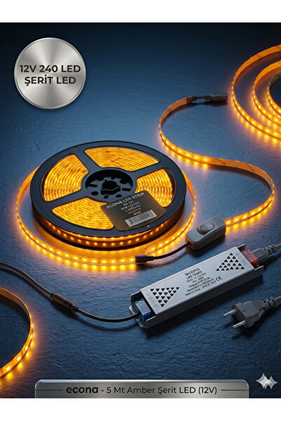 ECONA Mutfak Dolabı Tezgah Üstü Için 5 Metre AMBER Şerit Led Işık Adaptörlü A...