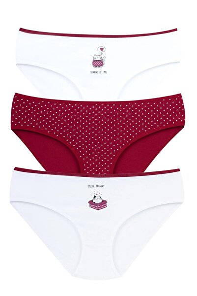 Kadın 3'lü Paket Pamuklu Kedi ve Kalp Baskılı Bikini Külot Seti