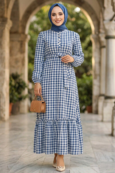 Neva Style Kareli İndigo Mavisi Tesettür Elbise 33940IM