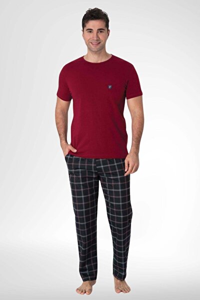 Mecit Pijama طقم بيجامة رجالي مقاس كبير منقوش باللون العنابي من Mecit 2906