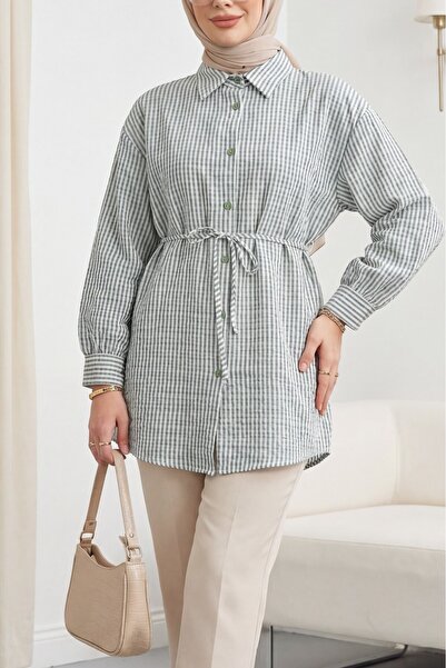 Modamorfo Buttoned Lace-Up Striped Wrinkled Shirt - Green