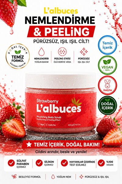 L'albuces Strawberry Body Scrub 400gr – Vegan, Temiz İçerikli, Çilek Kokulu P...