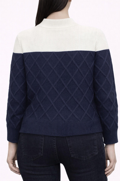 Neden Tekstil Navy Blue Ecru Color Block Half-Throat Diamond Pattern Bat Sleeve Knitwear Sweater