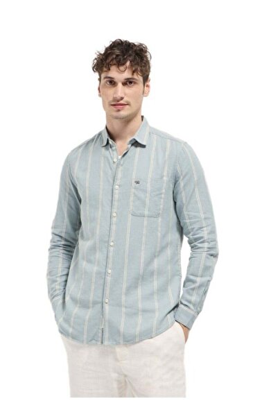 The Bear House Men's Light Green Vertical Stripes Slim Fit Casual Shirt for E...