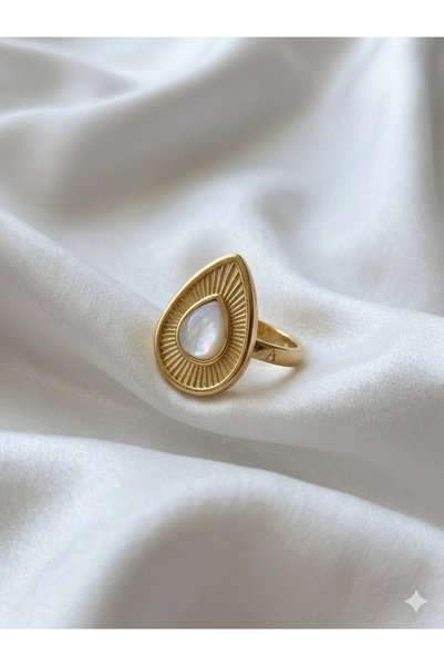 Melanj Craft White Drop Adjustable Steel Ring - Gold