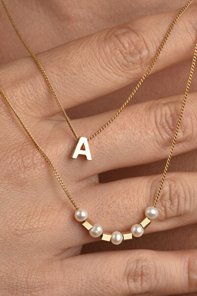 Nox Jewelry 14 Ayar Altın Kaplama Çift Katlı Zincir Harf Gümüş Kolye - İnci v...