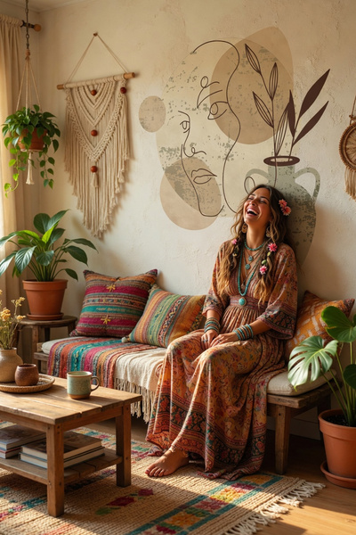 Kt Grup Boho Sanatsal Kadın Ve Çiçek Salon Oturma Odası Ve Antre Duvar Sticker