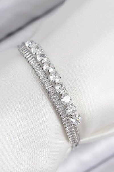 Skygo Brass Zircon Stone Watercourse Model Silver Color Women's Bracelet - Tj...
