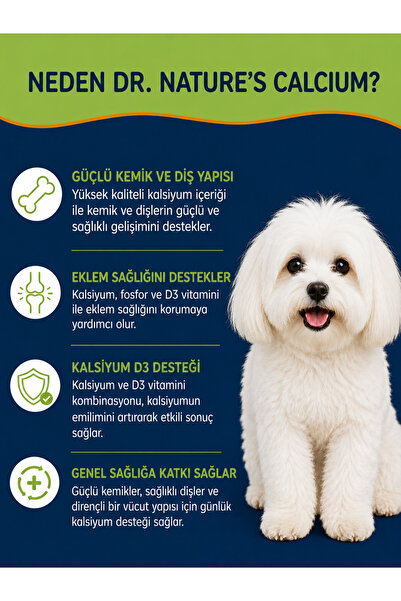 Dr. Nature's Köpekler İçin Calcium Magnesium D3 Mineralli Kemik & Diş Sağlığı Takviyesi (75 Tablet)