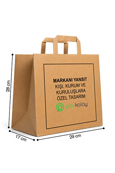 PACKOLAY Logo Baskılı Kraft Kağıt Çanta Flat Saplı 28*17*29 cm 1000 Adet