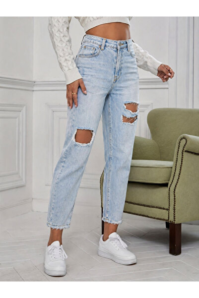 Esinty Trend Kadın Yırtık Detay Mom Fit Jean Kot Pantolon