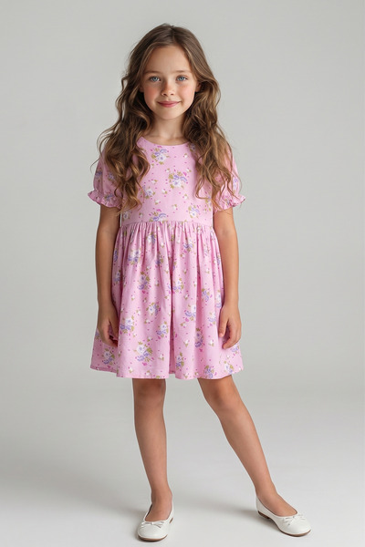 Kidyra Pink Floral Watermelon Sleeves Girls' Dress