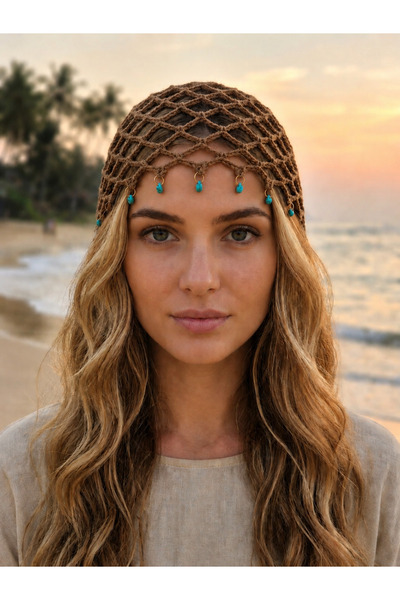 Jasminya El Yapımı Örgü Bohem Kahverengi File Yazlık Bere, Yazlık Şapka, Bandana, Toka Plaj Saç Aksesuarı