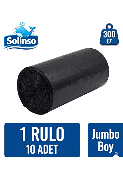 SOLINSO Kalın Çöp Torbası 10’lu 300 gr x 1 Rulo Siyah Çöp Poşeti 80x110 Cm Ju...