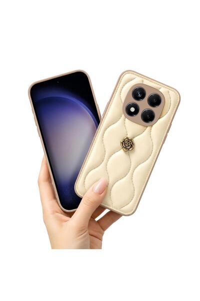 Zebana Xiaomi Redmi Note 14 Pro 5G Uyumlu Kılıf Zebana Camellia Deri Kılıf Bej