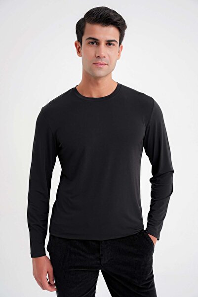 Efor Slim Fit Pamuklu Kumaş Uzun Kollu Siyah Tişört TS 917