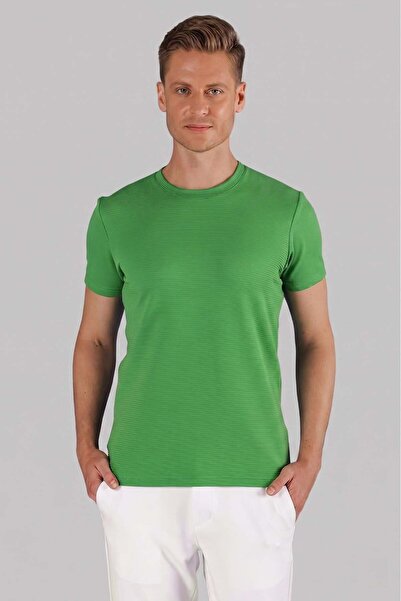 Efor Slim Fit Bisiklet Yaka Doku Desenli Pamuklu Yeşil Tişört TS 852