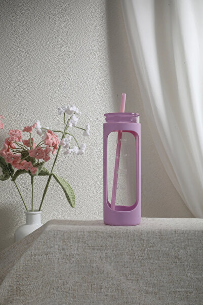 Miniso Lisanslı Silikon Kılıflı Pipetli Borosilikat Cam Şişe - Pembe (475 ml)