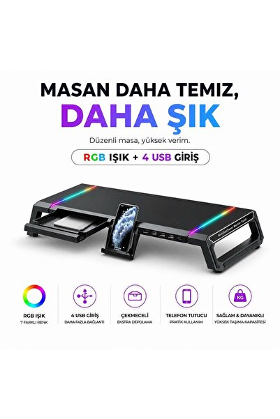 MHX Bilişim Masaüstü Stand Yükseltici Katlanabilir RGB Çekmeceli Monitör Standı