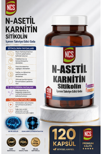NCS N-Asetil Karnitin L-Glutamin Taurin ve Sitikolin 120 Bitkisel Kapsül (Neu...