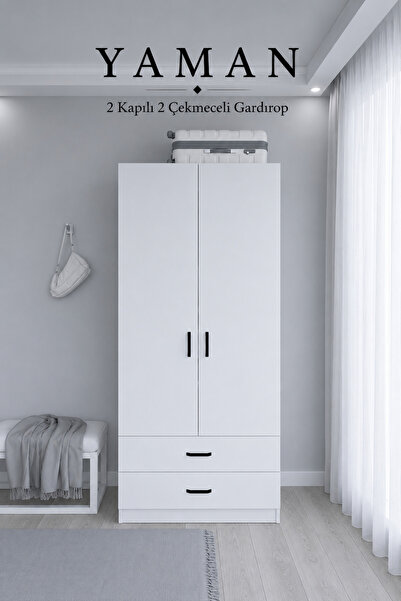 midoser Yaman 80 Cm Mat Beyaz 2 Kapaklı 2 Çekmeceli Elbise Dolabı - Gardırop