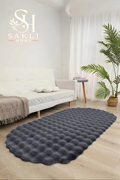 Genel Markalar Bubble Oval Yumuşak Peluş Halı ♦ Kaymaz Taban ♦ Antrasit ♦ Sal...