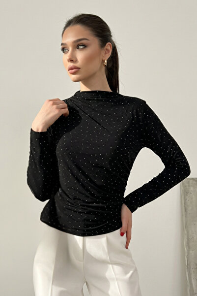 AKD Atelier Bluză de damă cu mâneci lungi, cu drapaj, din țesătură nisipoasă,...