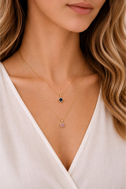 Camellie KY Jewels Twin Hearts | Altın Kaplama Premium Kristal Kalp Layer Kolye