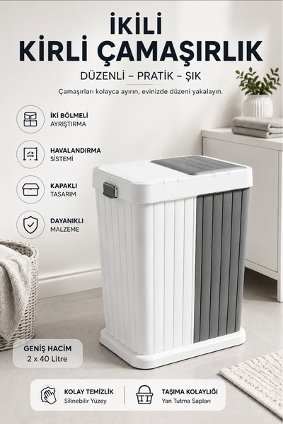 Herza House İki Bölmeli Kirli Çamaşır Sepeti