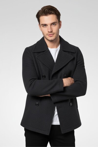Michael Kors Men Wide Lapel Wool Trench Coat, Black