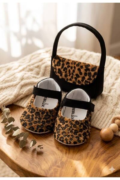 BEBLUXBABY Leopar Desenli Babet Bebek Ayakkabı Çanta Seti
