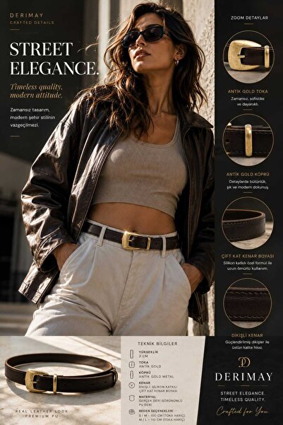 DERİMAY Antique Metal Buckle Brown Women's Belt, Trouser Belt, Jacket Belt, D...