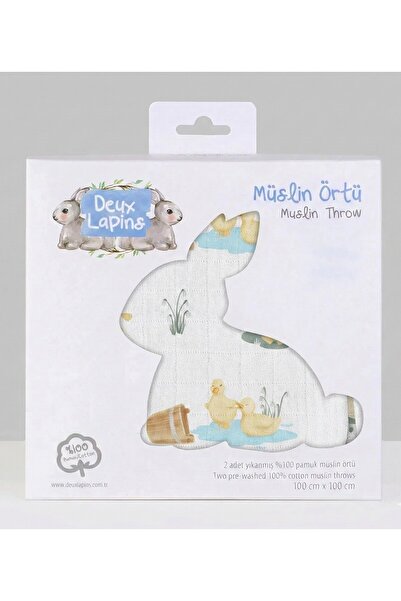 DEUX LAPINS 100X100 cm Iconic Lapin and Duck Patterned 2-Piece Muslin Baby Bl...