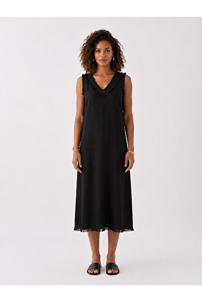 Bold & Young Women's Black V-Neck 100% Viscose Dress