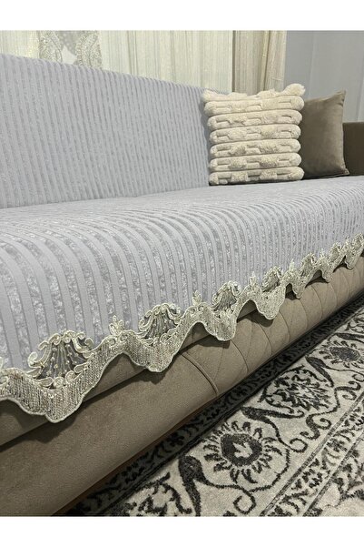 Salteks Lace Striped Sponge Velvet Non-Slip Sofa Bed Seat Cover (Grey)