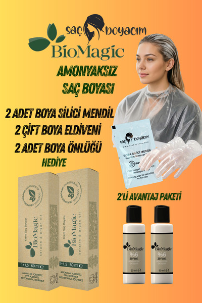 BIOMAGIC Saç Boyacım Mendil+Saç Boyası 44.07 Moka Kahve x 2 Adet & 20 Vol. Ok...