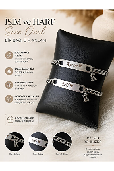 HayDün 316l Çelik 2li isimli tarihli harf detaylı sevgili arkadaş çift bilekl...