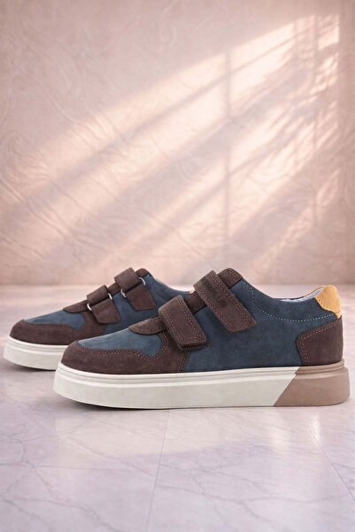 Rakerplus Genuine Leather Brown Dark Blue Double Velcro Kids Sneaker Sports S...